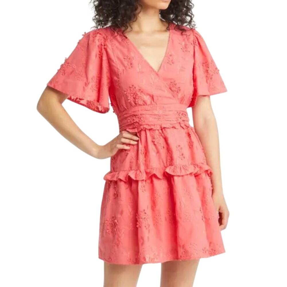 Anthropologie BTFL-life Coral Pink Embroidered Floral 100% Cotton Mini Dress